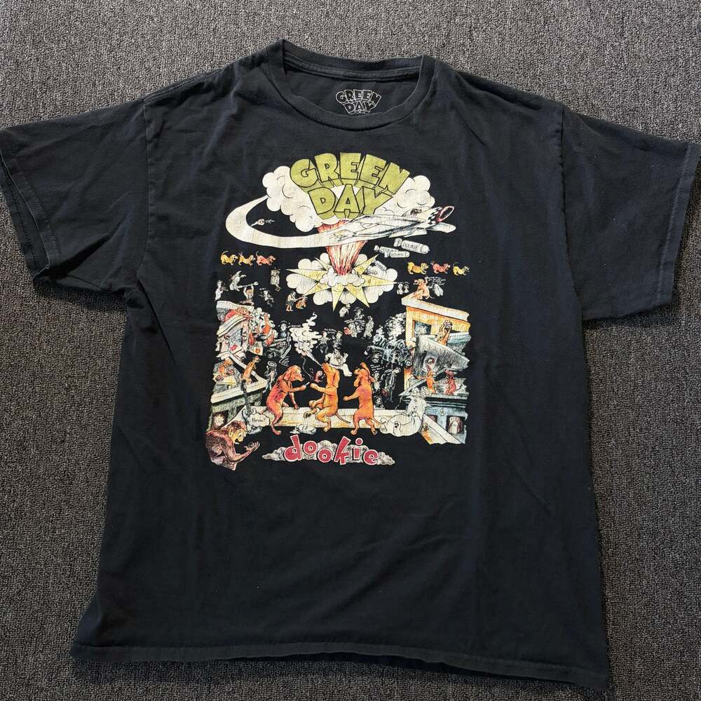 Vintage Y2k Green Day Band Tour Dookie Black Graphic Tee Men's Large